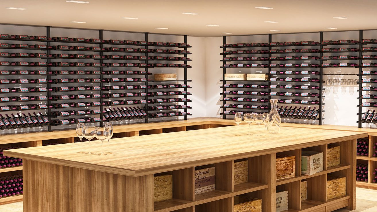 Evolution Wine Wall Post 10′ Floating Wine Rack System Wine Cave